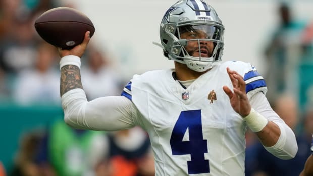 Dallas Cowboys quarterback Dak Prescott (4) stands back to pass during the first half of an NFL football game against the Miami Dolphins, Sunday, Dec. 24, 2023, in Miami Gardens, Fla. (AP Photo/Rebecca Blackwell)   